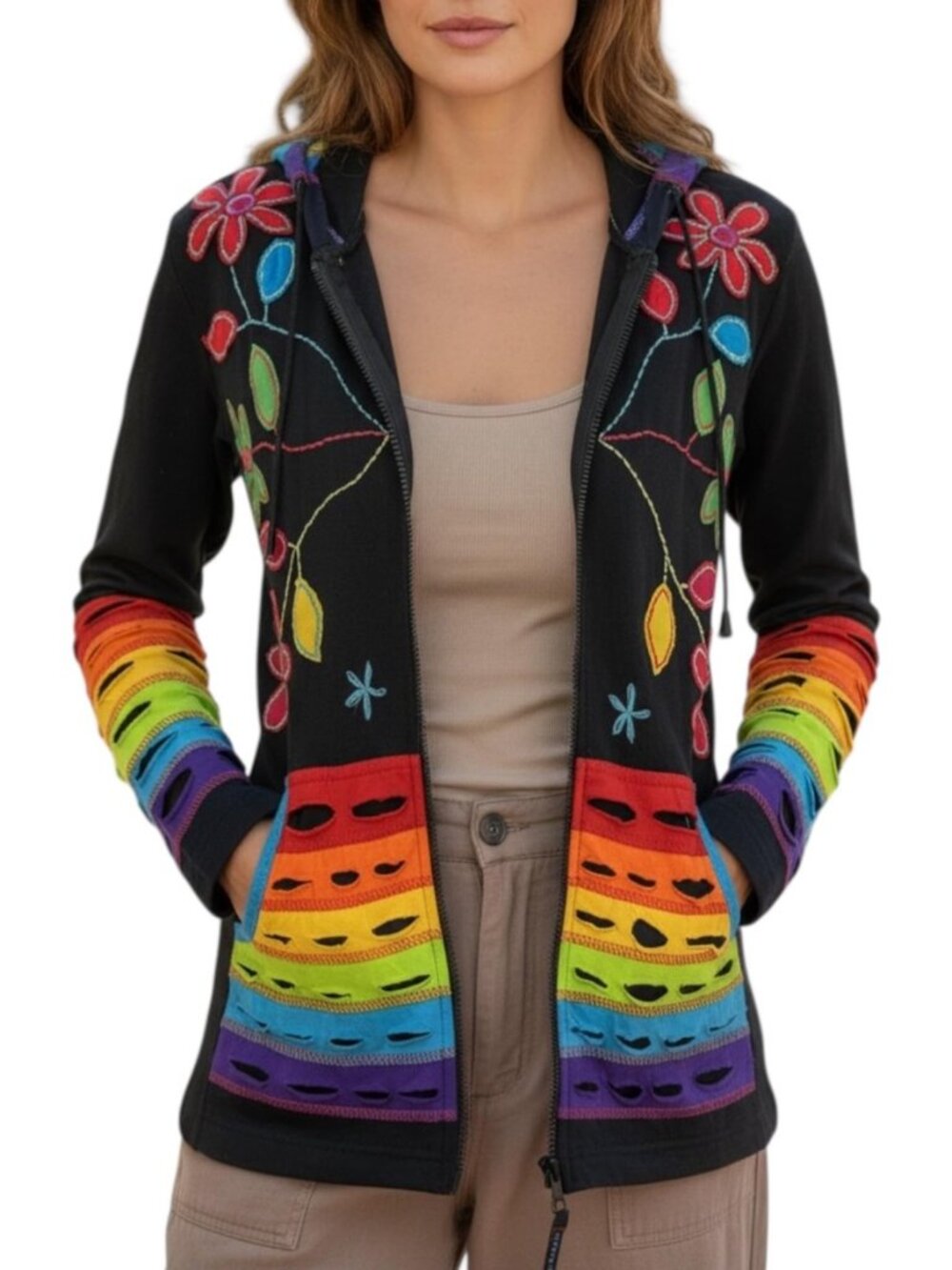 Agan Boho Embroidered Zip Up Womens Hoodies-TieDye Winter Jackets for Women